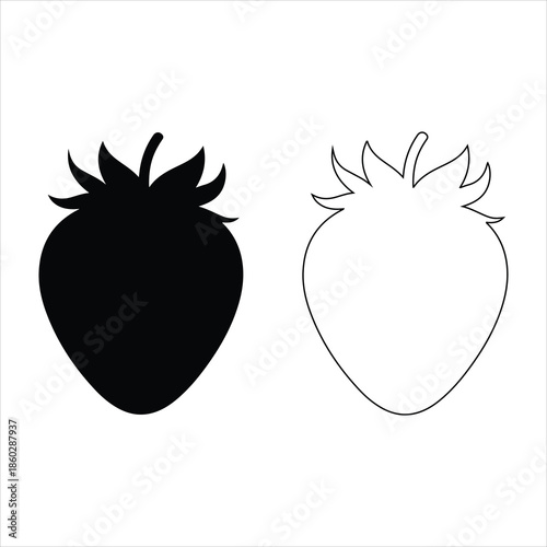 Strawberry fruit silhouette vector illustration, fresh berry collection design, organic food symbol, minimal strawberry icons set, healthy nutrition concept, natural summer fruit art. 