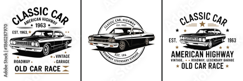 Collection of three distinct vintage American classic car emblem designs featuring iconic 1963 automobile artwork