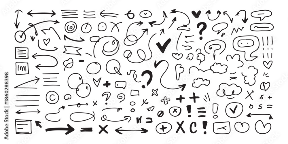Obraz premium Set of hand drawn doodle arrows checkmarks symbols and speech bubbles isolated on white background various design elements