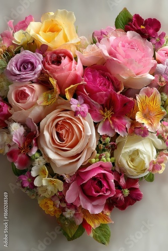 Heart-shaped wreath of pink roses and colorful blooms for romantic Valentine's Day decor