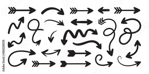 Handcrafted tribal arrow elements set with decorative feathers and curved sketchy pointers for ethnic design projects