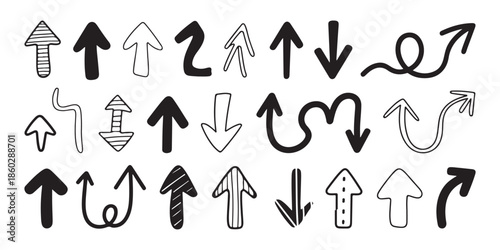 Hand drawn doodle arrows pointing up down and curved directions vector illustration set isolated on white background