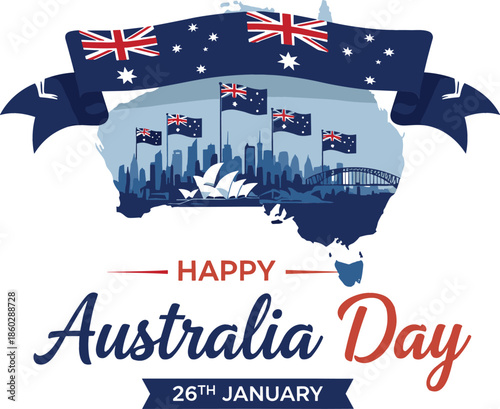 Happy Australia Day vector illustration featuring the national map Sydney skyline silhouette flags and commemorative 26th January typography.
