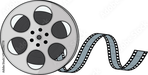 Vintage film reel vector illustration, classic cinema movie reel with unspooled film strip isolated on white background