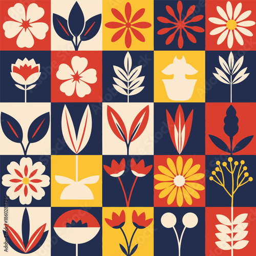 Vibrant floral pattern with diverse flowers and leaves in geometric shapes