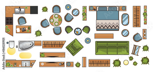 Interior furniture collection top view. Elements for living room, bedroom, kitchen, bathroom. Floor plan, view from above. Furniture store. Icons set of interior. Isolated vector illustration