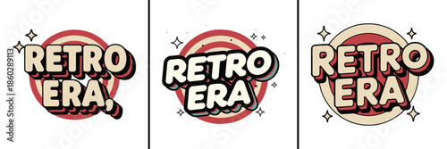 Collection of three distinct vintage inspired "Retro Era" logo designs showcasing varied 3d bubble typography and retro color palettes
