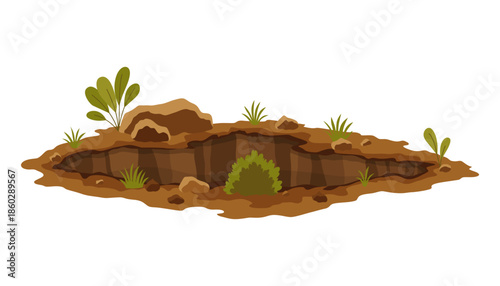 Hole ground. Works digging of sand coal waste rock or gravel. Brown, dry mine element of landscape. Cartoon illustration