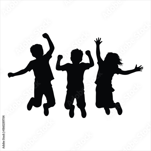 Kids silhouettes vector black and white illustration. Children seated in various poses from side view.