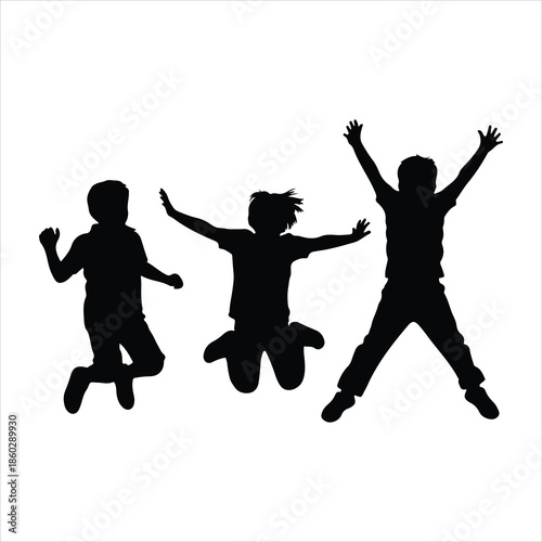 Kids silhouettes vector black and white illustration. Children seated in various poses from side view.