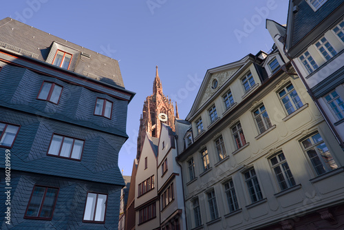 Römer district with facades of historic houses at the old town of German city of Frankfurt on an autumn day. Photo taken November 22nd, 2025, Frankfurt am Main, Germany.