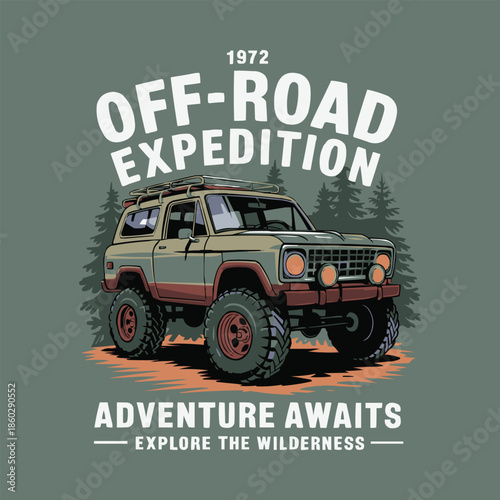 Vintage 1972 off road expedition vehicle illustration ready for rugged wilderness adventure exploration travel