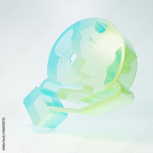 Frosted glass Human hand holding Earth globe icon isolated on white background. Save earth concept. Minimalism concept. 3D render illustration