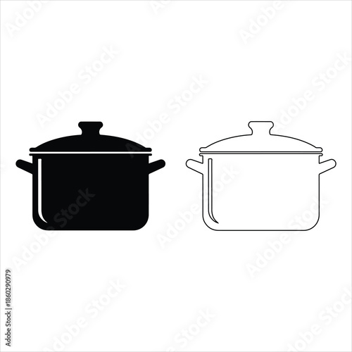 Black silhouette healthy cooking pot modern vector icon set on transparent background.
