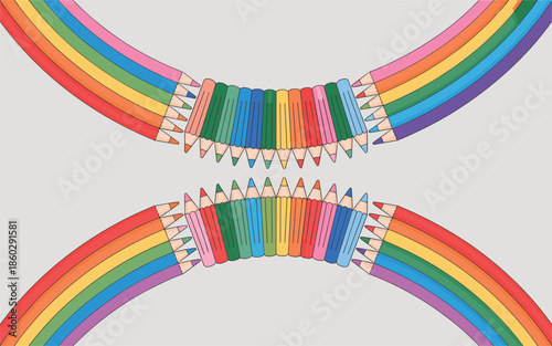 Vibrant rainbow colored pencils arranged in decorative curved patterns for creative school and art projects.