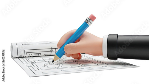 Hand Drawing on Blueprint with Pencil