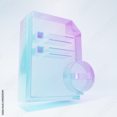 Frosted glass Document with minus icon isolated on white background. Clear document. Remove file document. Delete information file. Minimalism concept. 3D render illustration