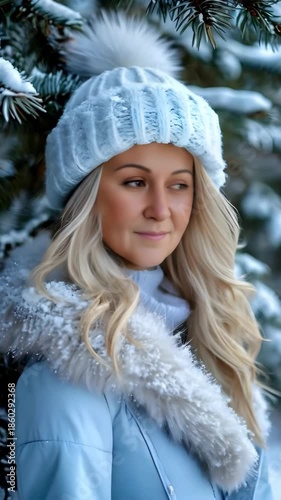 Young blonde woman wearing light blue winter hat and fur trimmed coat stands in snowy spruce forest, looking to side as wind gently ruffles her hair. Useful for themes of winter aesthetic,