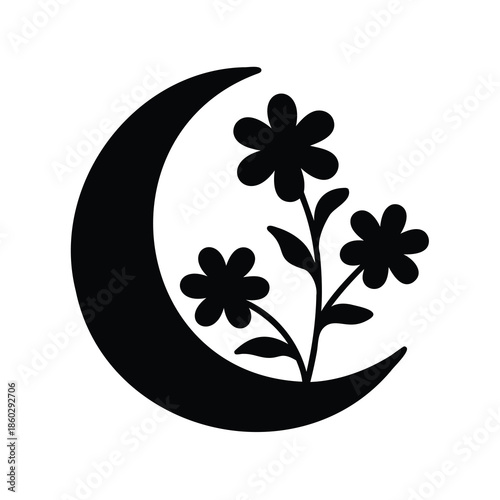 Elegant crescent moon entwined with delicate floral silhouette design concept