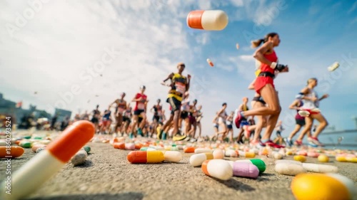 Marathon runners racing along city street past scattered pills and syringes highlighting issue of doping and dangerous performance enhancement in sports