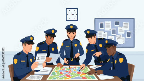 Illustration of police officers strategizing a map, vector graphic artwork