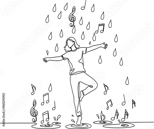 Continuous line drawing of a woman dancing in the rain with musical notes. Minimalist single line art style.
