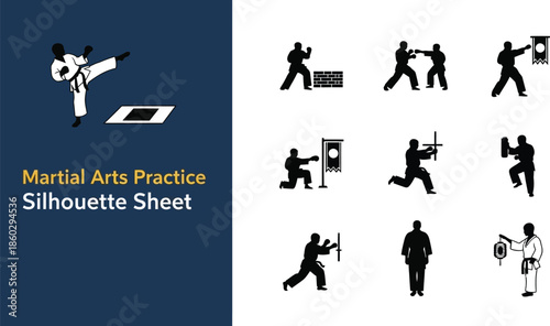 Martial arts training and fighting silhouette Sheet