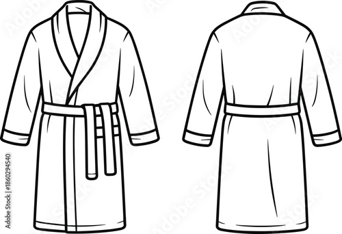 Bathrobe front and back view, shawl collar, belt detail, fashion sketch, cad drawing flat vector illustration, garment template, clothing outline