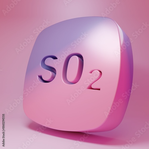 Purple-pink Sulfur dioxide SO2 gas molecule icon isolated on pink background. Structural chemical formula and molecule model. Minimalism concept. 3D render illustration