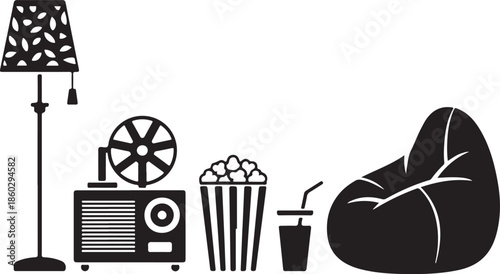 Black silhouette of a floor lamp projector popcorn bucket drink and bean bag chair vector