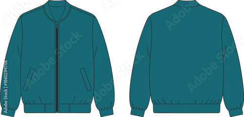 Teal bomber jacket front and back view, zipper closure, ribbed collar and cuffs, cad drawing flat vector illustration, fashion garment template
