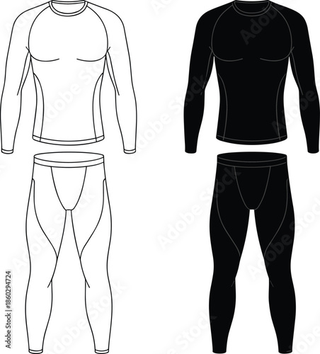 Athletic wear comparison, compression outfit design, black and white sportswear, contour line sketch, cad drawing flat vector illustration