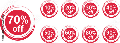 Red discount label set, percentage off tags, promotional sticker design, sale badge vector, cad drawing flat vector illustration, marketing template