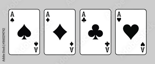 Four aces playing cards set with black suits, traditional deck of poker cards isolated on gray background