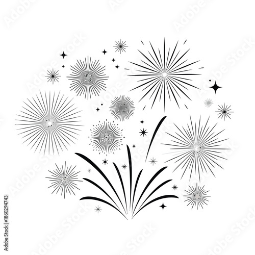 A striking monochrome illustration depicts a vibrant burst of fireworks showcasing celebratory sparkles and light trails