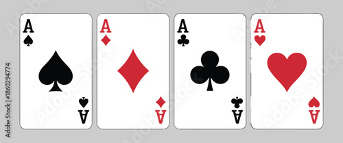 Four aces playing cards set with red and black suits, traditional deck of poker cards isolated on gray