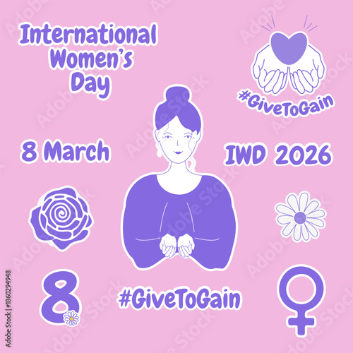 A sticker set dedicated to International Women's Day. Isolated design elements with inscriptions and symbols for March 8th. Vector graphics with the hashtag "Give to Gain." EPS10.