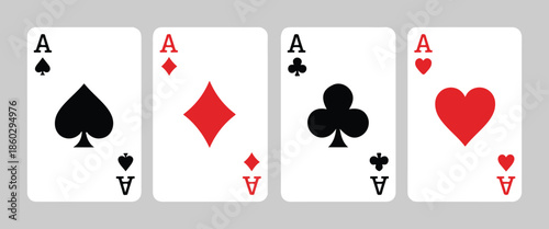 Ace playing cards spades diamonds clubs hearts red and black text on white background
