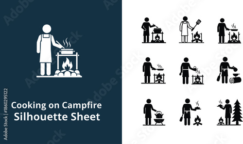 Campfire cooking outdoor activity stick figure silhouette Sheet
