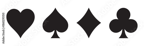 Group of four distinct playing card suit symbols hearts diamonds spades and clover on white