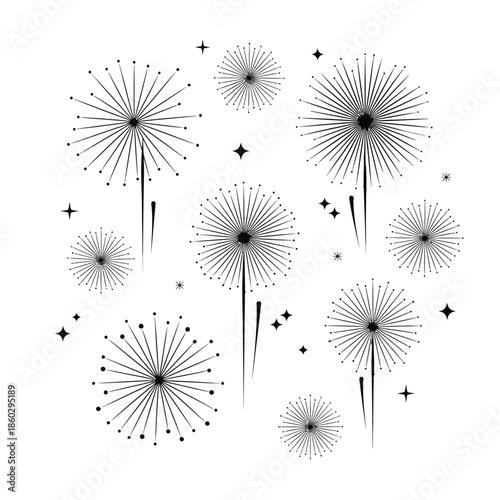 A delicate illustration showcases several black and white dandelion clocks scattered amongst tiny star like sparkles