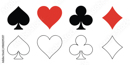 Set of four playing card suits solid fill and outline variations for game design project