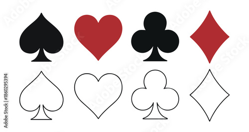 Playing card suit vector set with black and red spades hearts clubs diamonds solid and outline symbols collection