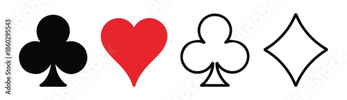 Playing card suits vector set including filled and outline versions for spades, hearts, and diamonds, casino symbols