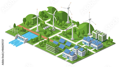 Sustainable Green City Illustrating Renewable Energy Sources and Eco-Friendly Living