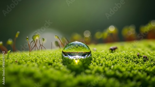 A single dewdrop on a lush green grassy surface reflecting nature