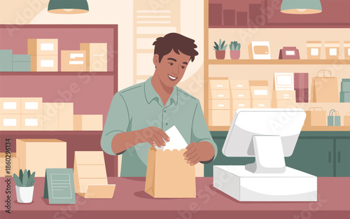 A young man preparing a package at a retail counter with a cash register and shelves of boxes