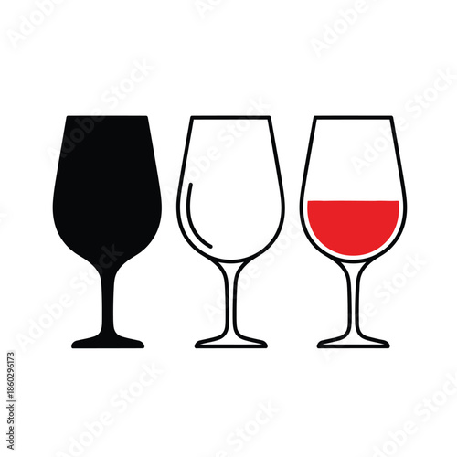 A simple illustration depicting three wine glasses one full one empty and one partially filled with red liquid