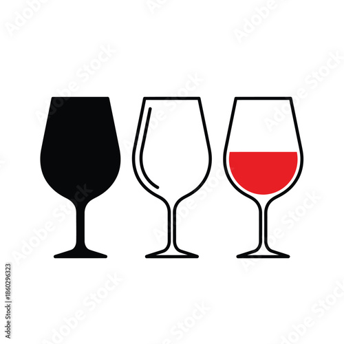 A simple depiction of three wine glasses featuring varying fill levels from empty to full