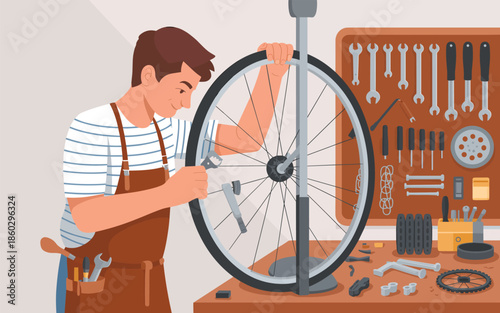 Mechanic inspecting bicycle wheel in a well-equipped workshop from a slightly angled viewpoint